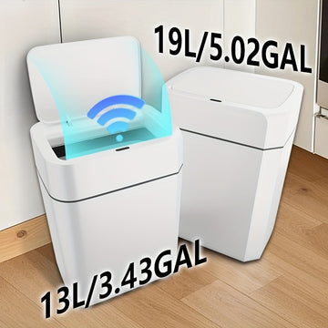 Cubo de basura automático con sensor de movimiento, diseño moderno, tapa de cierre suave, 12.98L y 19.0L, blanco, plástico, sella olores, para cocina, baño, hotel (2 pilas AA no incluidas)