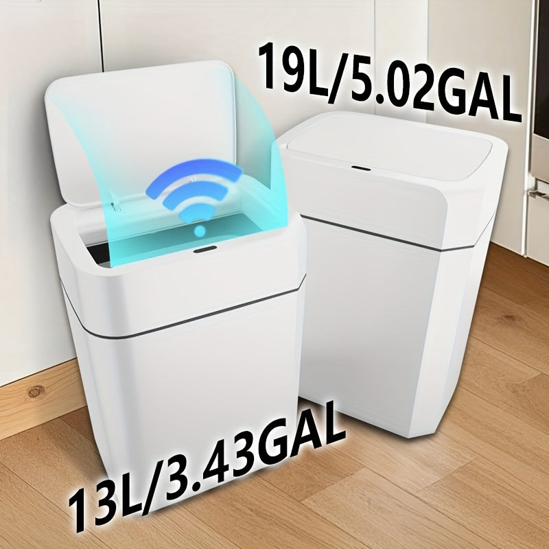 Cubo de basura automático con sensor de movimiento, diseño moderno, tapa de cierre suave, 12.98L y 19.0L, blanco, plástico, sella olores, para cocina, baño, hotel (2 pilas AA no incluidas)