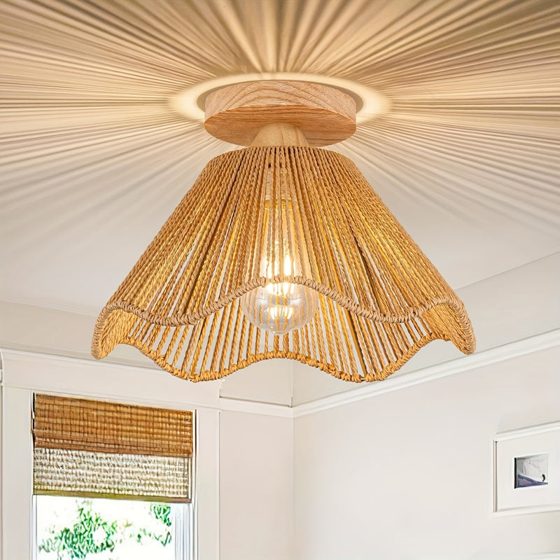 1 pieza, fijo de techo estilo bohemio, fijo de techo de malla de alambre de ratán bohemio, fijo de techo tejido semi-empotrado, adecuado para dormitorio, sala de estar, estudio, pasillo, entrada, baño