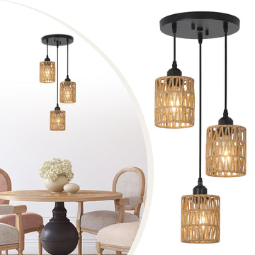Lámpara colgante de ratán con 3 luces, lámpara de techo estilo granja para comedor, iluminación colgante boho con pantallas tejidas a mano de mimbre, ideal para cocina, sala, dormitorio, entrada o pasillo
