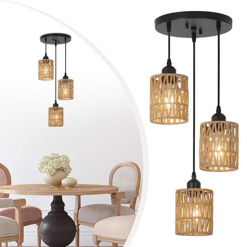 Lámpara colgante de ratán con 3 luces, lámpara de techo estilo granja para comedor, iluminación colgante boho con pantallas tejidas a mano de mimbre, ideal para cocina, sala, dormitorio, entrada o pasillo