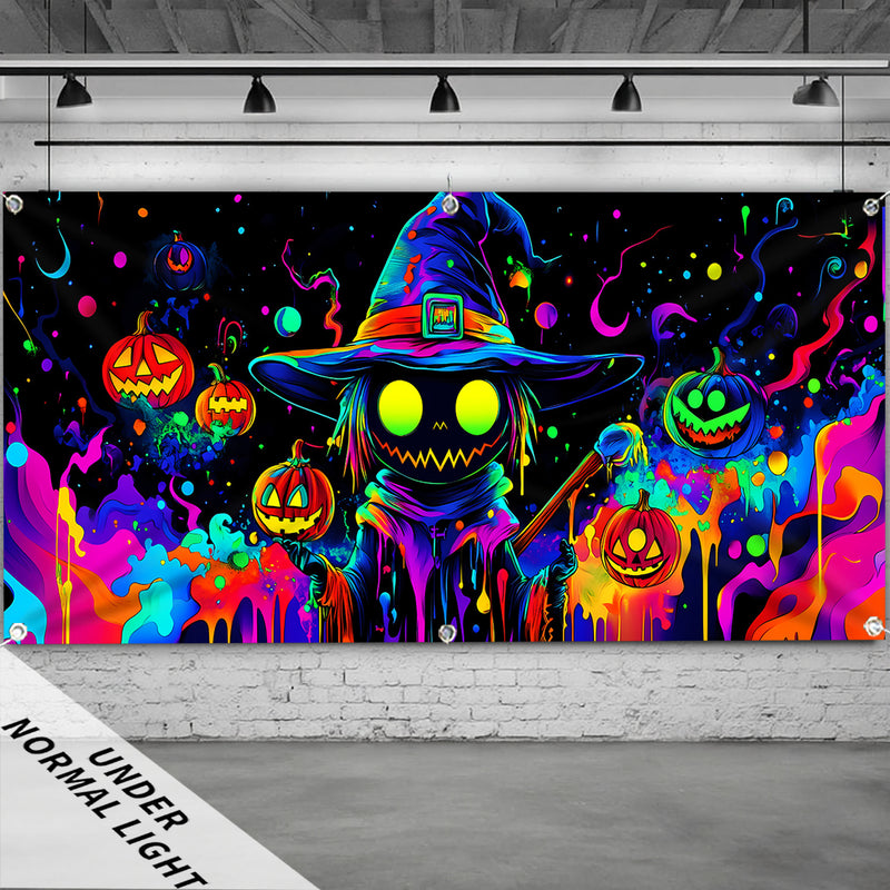 Una figura de calabaza vibrante de tamaño grande que brilla bajo luz UV, perfecta para Halloween. Esta decoración de puerta de garaje de poliéster sirve varios propósitos festivos y es adecuada para decorar el hogar y el jardín. Es fácil de colgar (la im