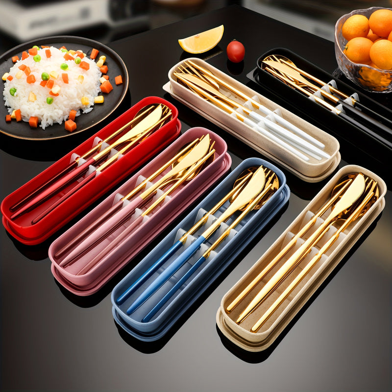 Juego de cubiertos portátil de acero inoxidable, 5 piezas, incluye cuchillo, tenedor, cuchara, palillos y caja de almacenamiento, ideal para exteriores, familia, oficina, estudiantes, fiestas y bodas