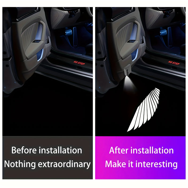 2 piezas de proyectores inalámbricos para puertas | Diseño Alas de Ángel en estilo fibra de carbono, bombillas para paneles de puerta con batería (baterías no incluidas) | Iluminación creativa para coche, regalo ideal para Pascua y Navidad | Accesorio el