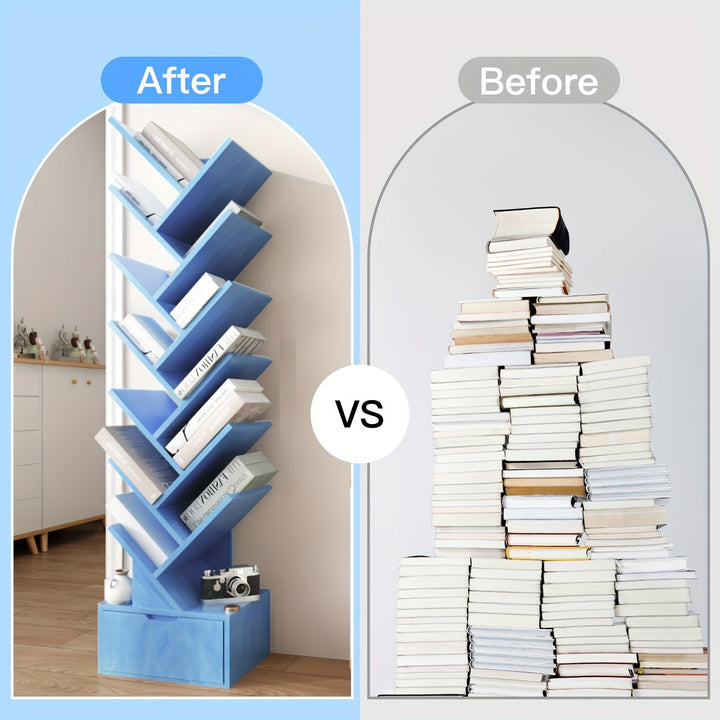 Estantería de Gran Capacidad Inspirada en Árboles Azules - Almacenamiento de Madera Multiusos para Libros, CDs y Más - Organizador de Suelo a Techo, Estantes de Almacenamiento