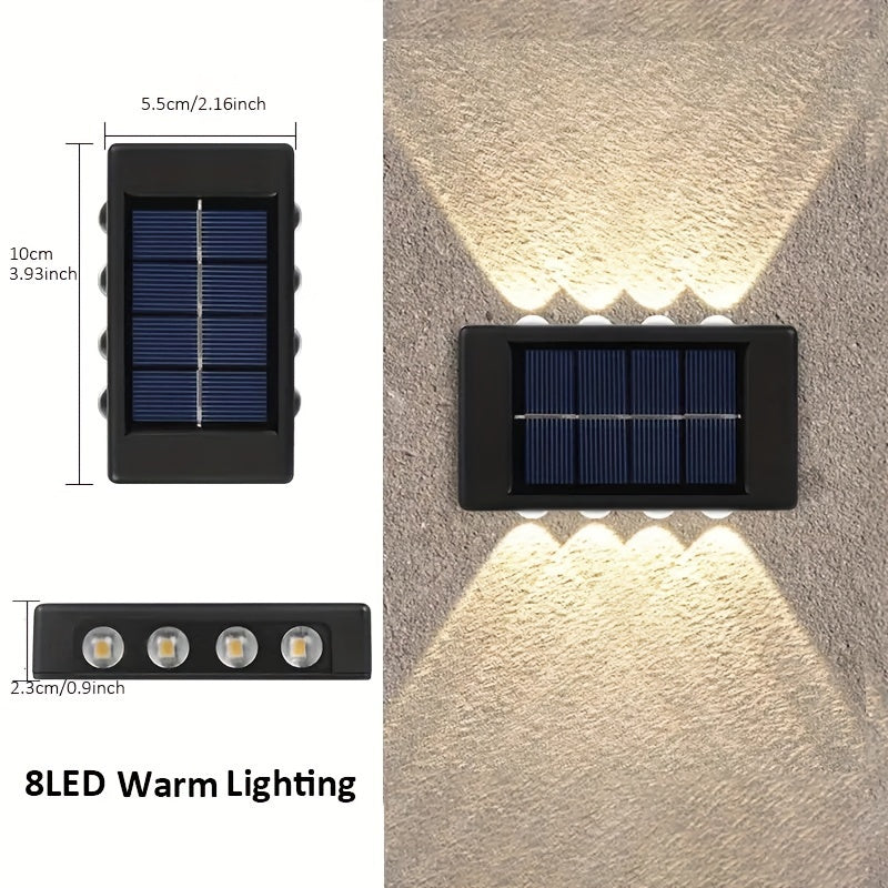 6 piezas de 8 luces solares para paredes exteriores, luces decorativas para patio, villa y jardín, luces de valla y sendero, luces de porche de jardín, luces pequeñas para paredes, luces convexas con luz ascendente y descendente, adecuadas para jardines,