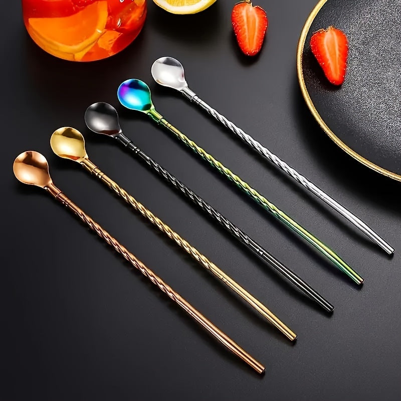 5 piezas de cucharas de té helado y cóctel de acero inoxidable de doble función - Colores de gradiente elegantes, utensilios de cocina y comedor duraderos para el hogar, la oficina y el restaurante, perfectos para reuniones familiares, esenciales para la