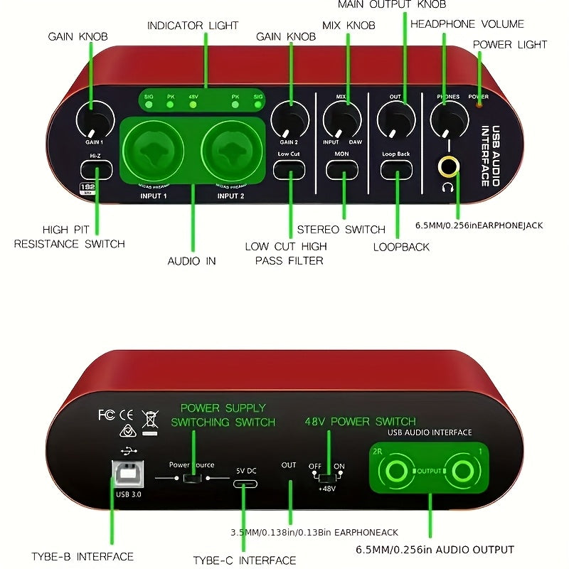 Interfaz de Audio USB Profesional con Grabación HD 24Bit/192kHz - Para Guitarra Eléctrica, Estudio y Transmisiones en Vivo - Compatible con Laptop, MacBook, PC - Diseño Compacto con Controles de Volumen - Plug-and-Play, Sin Controladores Necesarios - Equ