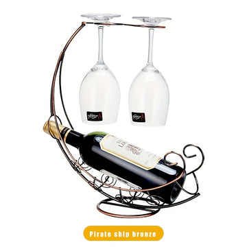 Elegante Soporte de Vino de Barco Pirata con Portavasos – Soporte Decorativo de Metal para Vino Tinto, Champán y Licores, Perfecto para Barra de Casa o Exhibición de Fiesta, Accesorios Piratas
