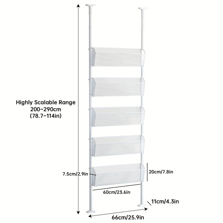 Estantería Metálica Inclinada de 5 Niveles con Panel Trasero, Estantes Ultradelgados Montados en la Pared para Sala de Estudio, Blanco, Sin Requiere Ensamblaje, Diseño Independiente, Solución de Almacenamiento que Ahorra Espacio
