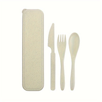 Juego de 3 utensilios de viaje reutilizables con estuche, cubiertos de paja de trigo portátiles (cuchillo, tenedor, cuchara), vajilla de plástico para viajes, picnic o camping