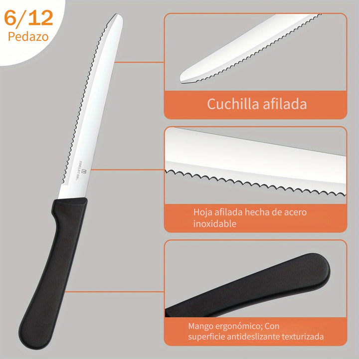 Juego de 6 Cuchillos de Cocina, Juego de 6 Cuchillos para Bistec y Tomate - Acero Inoxidable Premium, Afilados y Duraderos, Ideales para Verduras, Frutas y Pan, Adecuado para Comidas Familiares, Picnic al Aire Libre, Seguro en Lavavajillas