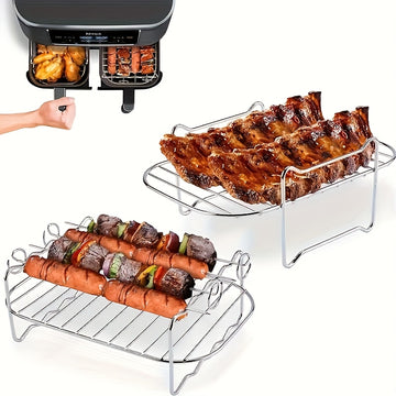 Juego de Accesorios para Freidora de Aire de Doble Cesta de 6 Piezas para Ninja DZ201 y Otros Modelos de 8QT-10QT - Incluye 2 Rejillas de Acero Inoxidable y 4 Brochetas, Ideal para Cocinar Eficientemente y Kebabs Gourmet