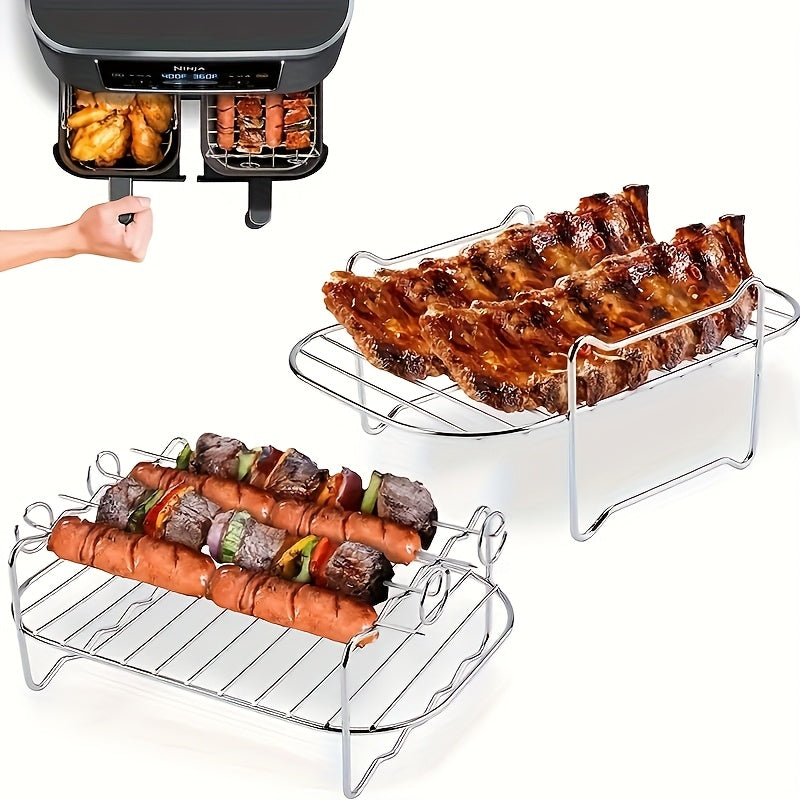 Juego de Accesorios para Freidora de Aire de Doble Cesta de 6 Piezas para Ninja DZ201 y Otros Modelos de 8QT-10QT - Incluye 2 Rejillas de Acero Inoxidable y 4 Brochetas, Ideal para Cocinar Eficientemente y Kebabs Gourmet