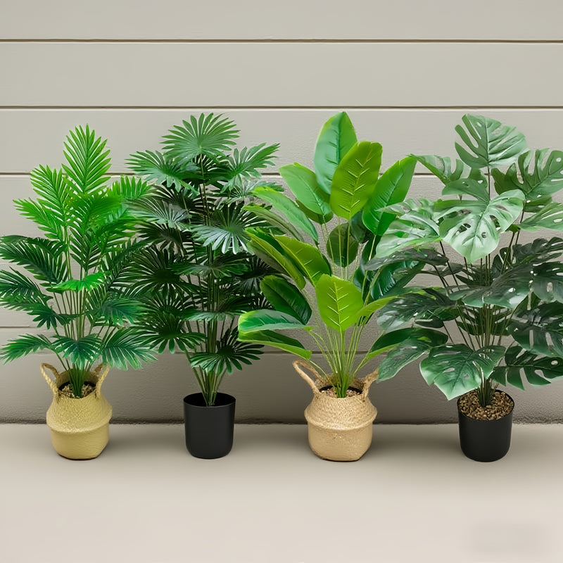Juego de 4 piezas, incluye combinación de plantas artificiales de hojas grandes. Ideal para exteriores—árbol decorativo tropical de hoja ancha, macetas para interior y exterior todo el año, bodas, hoteles, jardines, patios estilo nórdico, decoraciones pa