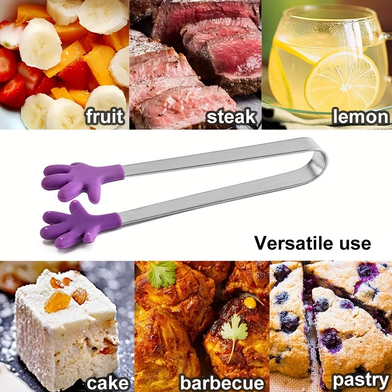 3 Piezas, Pinzas Para Alimentos De Acero Inoxidable Con Diseño Creativo De Palma De Silicona, Mini Pinzas Para Servir Para Ensalada, Hielo, Azúcar, Bocadillos, Antideslizantes, Aptas Para Niños, Multicolor