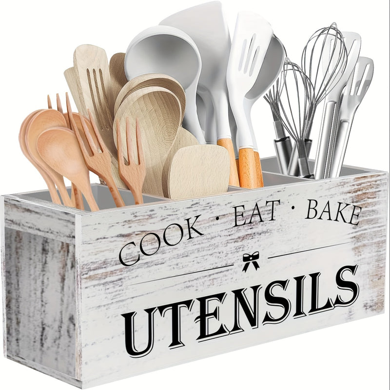 Porta utensilios de cocina de madera extra grande - Organizador de 4 compartimentos de decoración de granja rústica para encimera, cesta de madera barnizada ligera con diseño de montaje de tensión