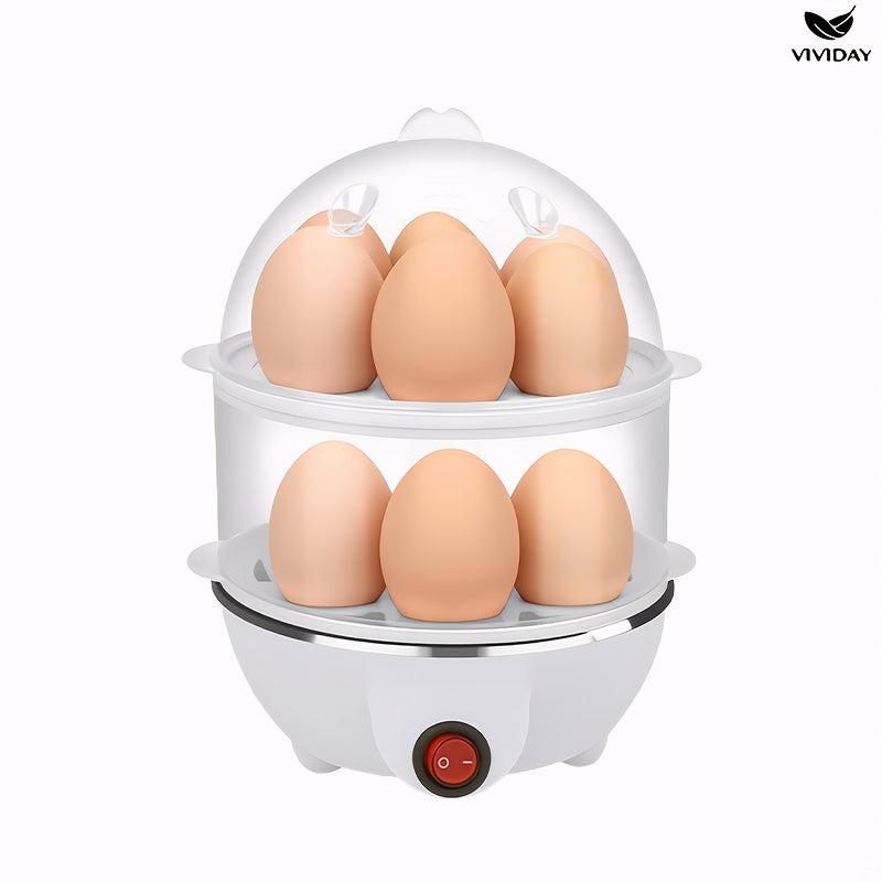VIVIDAY Cocinador de Huevos de Doble Capa, Blanco, Enchufe de EE. UU., Material PP, 110V, Operación de 1 botón, Control de Temperatura Preciso, Anti-Quemaduras, Antiadherente, con Sartén, para Cocina, Dormitorio, Uso Doméstico, Cocina 14 Huevos a la Vez