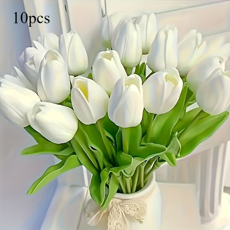 10 piezas de tulipanes artificiales blancos elegantes - Tallos de PU con textura real, ideales para el Día de San Valentín, coronas de primavera, ramos de boda, decoración del hogar y oficina, adornos florales, perfectos para Navidad