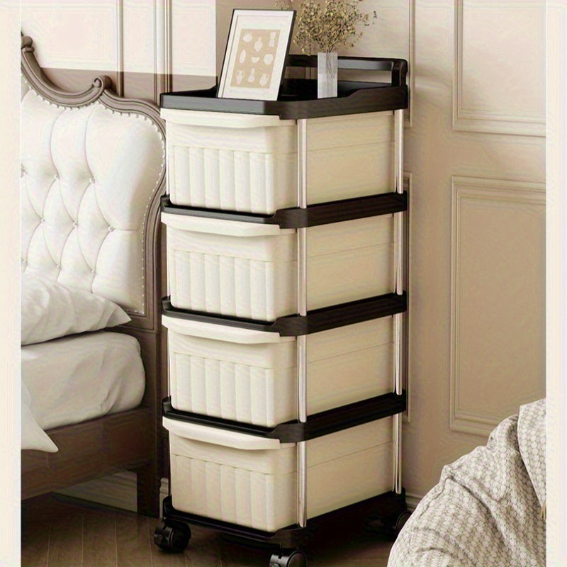 Carrito rodante delgado de 4 niveles con cajones - Organizador móvil de uso múltiple de color crema con ruedas de 360° para cocina, baño, dormitorio | Carrito estrecho de capas múltiples para snacks, maquillaje, hogar, organizador de baño | Unidad de est