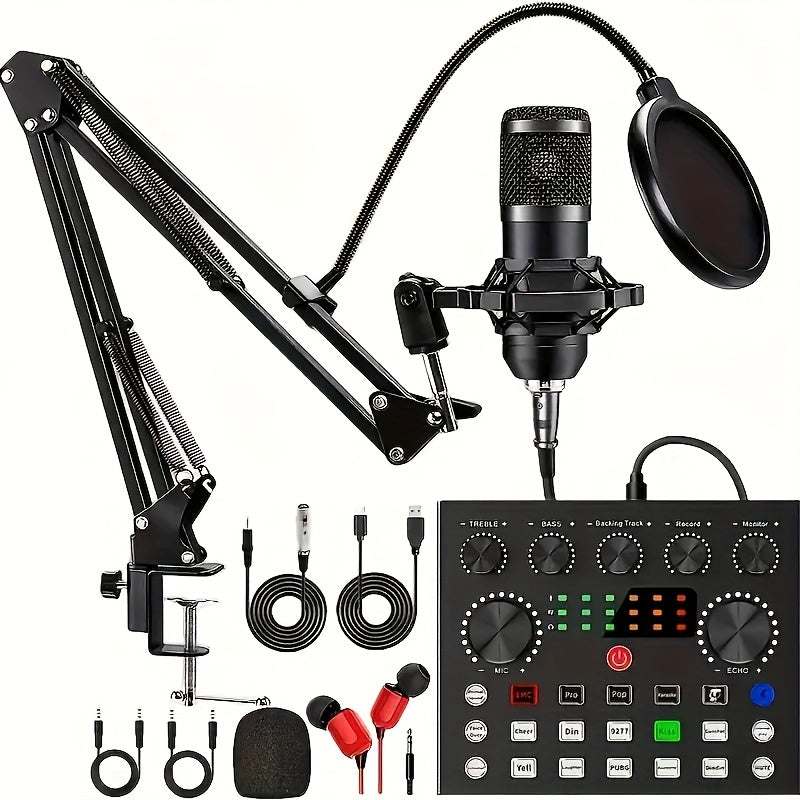 Kit de Audio de Transmisión Todo en Uno con Micrófono BM800, Mezclador V8S y Múltiples Accesorios - Cuerpo de Metal Duradero, Alimentación USB/Energía, Cancelación de Ruido, Efectos de Sonido de Un Solo Clic, Conexión de Doble Dispositivo, Ideal para Pod