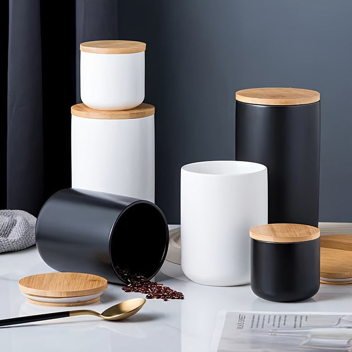 Frascos de almacenamiento de alimentos de cerámica multiusos con cierre de pestillo, recipientes redondos reutilizables para la organización de la cocina, se recomienda lavar a mano - Juego de 1 contenedor negro para té, café, dulces, granos