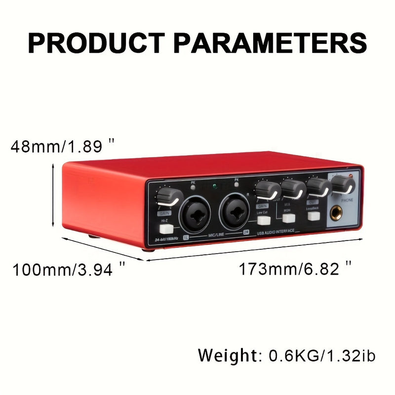 Interfaz de Audio Depusheng con Phantom Power, Grabación Hi-Res 24Bit/192kHz, Plug & Play Sin Ruido, Equipo de Estudio USB para Podcasting, Streaming y Producción Musical - Compatible con PC/Mac (Rojo), Preamps de Alta Calidad, Diseño Profesional