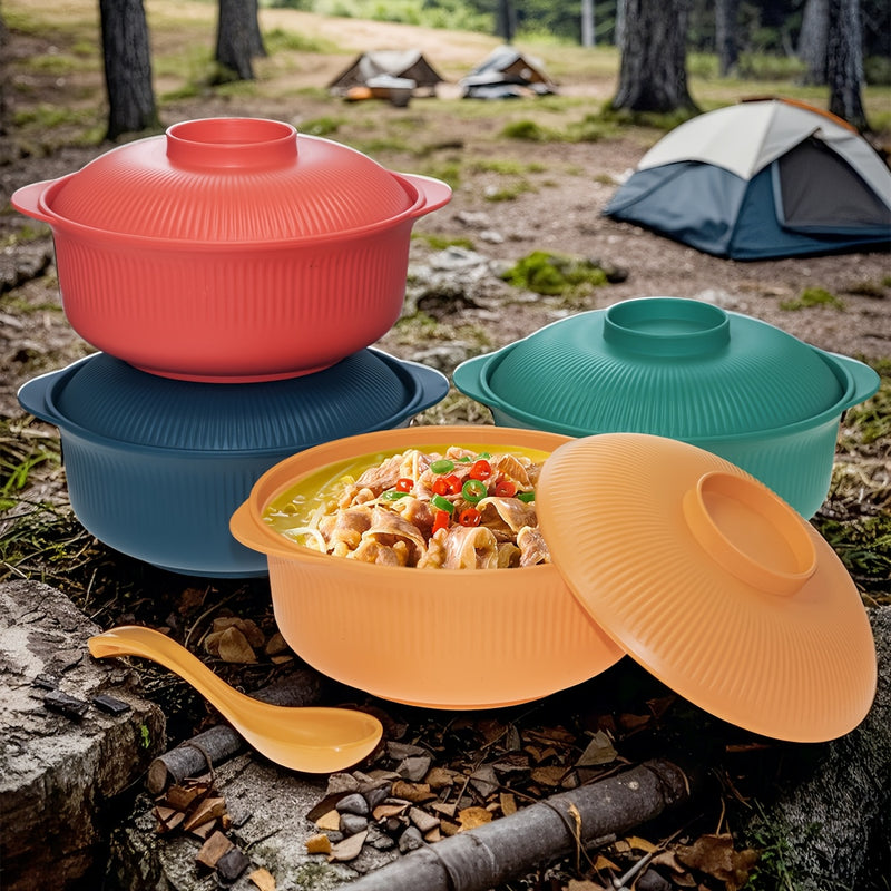 Dos Juegos de Nuevas Cacerolas con Tapas y Cucharas Largas, 1100ml/38oz Capacidad Grande, Tazón de Ramen de Mano, Fácil de Limpiar, Tazón Redondo para Servir, Tazón para Ensalada de Frutas en Casa, Tazón para Postre, Tazón para Sopa, Tazón para Almuerzo
