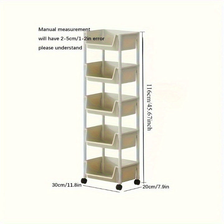 Estante de almacenamiento móvil de plástico de tres o cinco niveles con ruedas - Estante práctico, adecuado para sala de estar, dormitorio, residencia, uso en todas las estaciones.