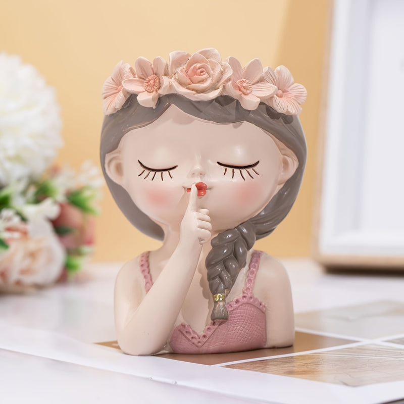 Figura De Resina De Chica Con Florero, Adorno Decorativo Con Corona Floral, Decoración Para El Hogar, Habitación, Oficina, Decoración De Mesa, Centro Elegante