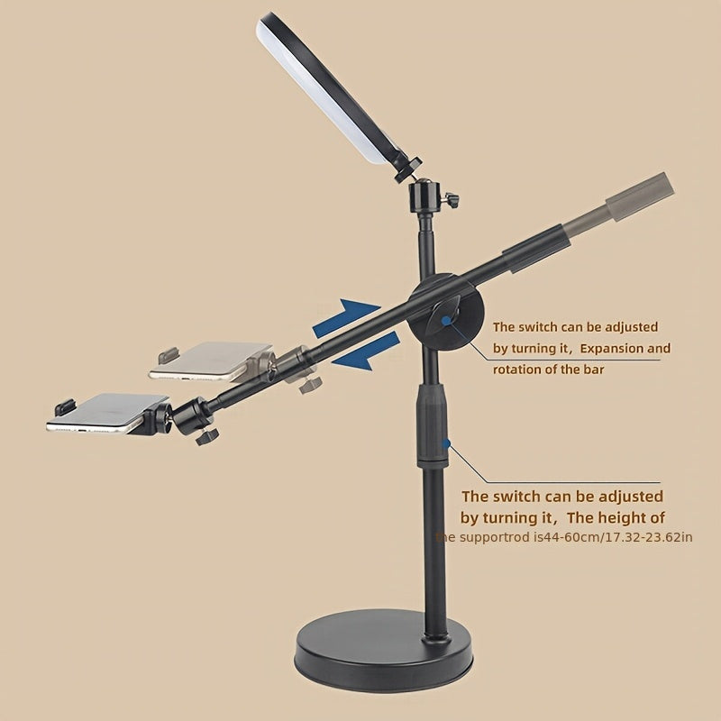 Barra de Iluminación Superior Versátil con Soporte para Teléfono y Soporte para Micrófono de Escritorio - Hierro Negro, Ideal para Transmisiones en Vivo y Fotografía de Comida