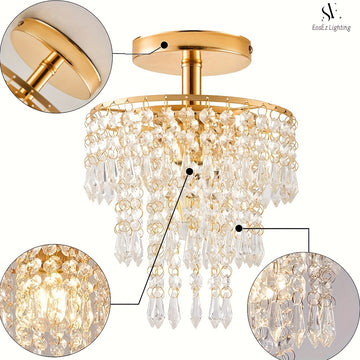 1 pieza de moderna elegante mini candelabro de cristal - Lujo moderno, luz de techo semi-inclinada, perfecta para fiestas de vacaciones, restaurantes, hoteles, dormitorios y salas de estar, estructura metálica, incluye hardware de instalación - Bombilla