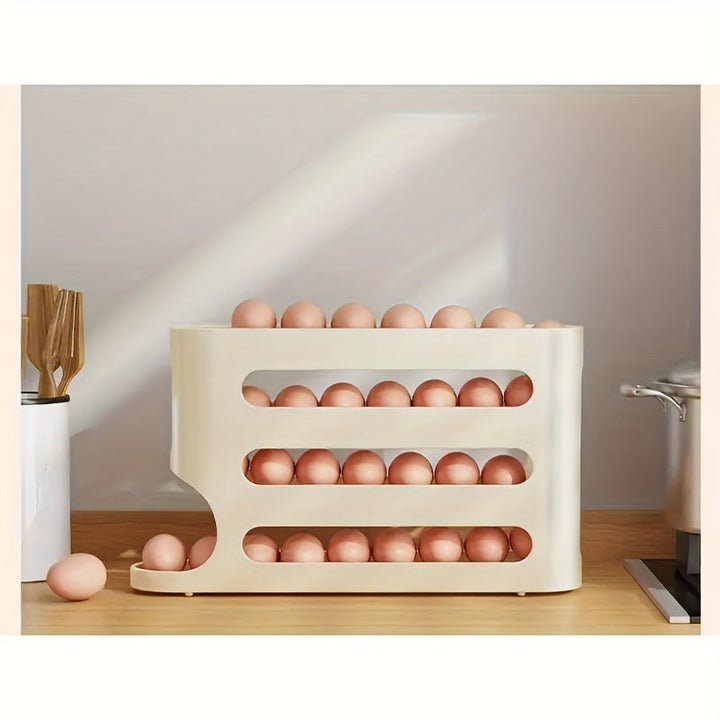 Caja de Almacenamiento de Huevos de 4 Niveles con Deslizamiento - Gran Capacidad, Diseño Automático para Puerta Lateral de Refrigerador - Plástico Duradero, Organizador de Cocina Seguro para Alimentos