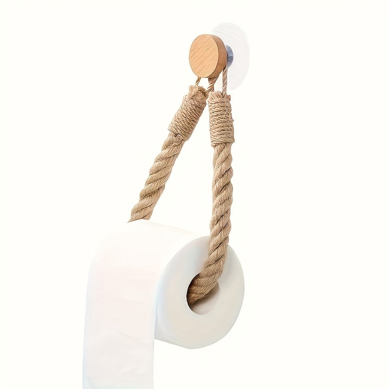 2 piezas de soporte para toallas de papel de cuerda de cáñamo, tejido en madera maciza, porta toallas sin agujeros, creativo