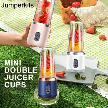 Licuadora y exprimidor portátiles 2 en 1 con carga USB, incluye 6 cuchillas y tazas dobles para ensaladas frescas, batidos y bebidas frías, material de polipropileno, batería de litio de 1500 mAh, ideal para el hogar y viajes, accesorios para exprimidor.