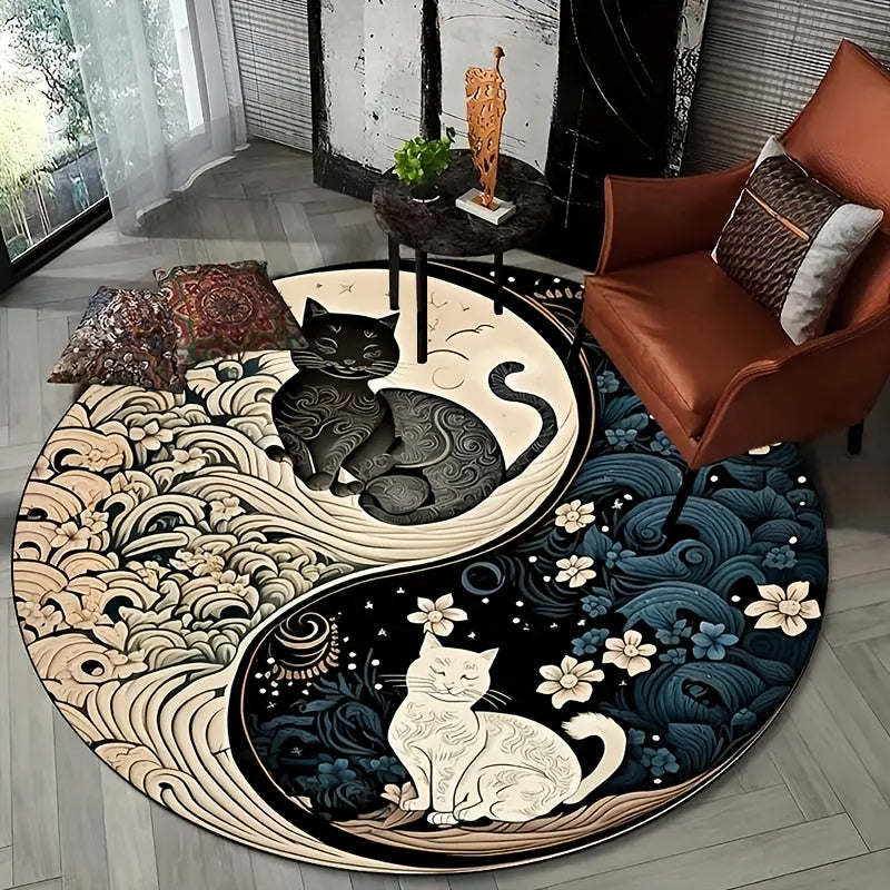 Tapete redondo con diseño de gatos yin yang - Felpa de cristal suave, lavable a máquina, poliéster, para uso en interiores, decoración de sala y dormitorio, temática festiva