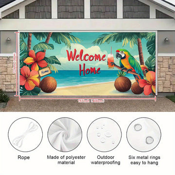 1 pieza, letrero de puerta de garaje de pavo tropical de playa, gran decoración al aire libre con letrero "Bienvenidos a casa", palmeras y diseño floral vibrante, perfecto para Navidad, fiestas de vacaciones y fondos temáticos de playa, decoración temáti