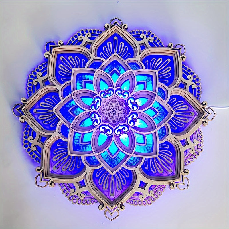 Luz nocturna LED de ambiente mandala de madera, regalos creativos tallados tridimensionales, artesanías colgantes de decoración para el hogar, regalos de Navidad, cumpleaños