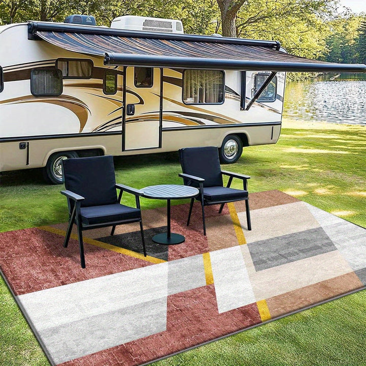 Siete Ciervos Alfombra Exterior de Veludo Ultra Suave - Antideslizante, Lavable en Máquina, Patrón Geométrico en Beige, Marrón y Gris - Ideal para Acampar, Patio o Decoración de Jardín, Alfombra de Acampada