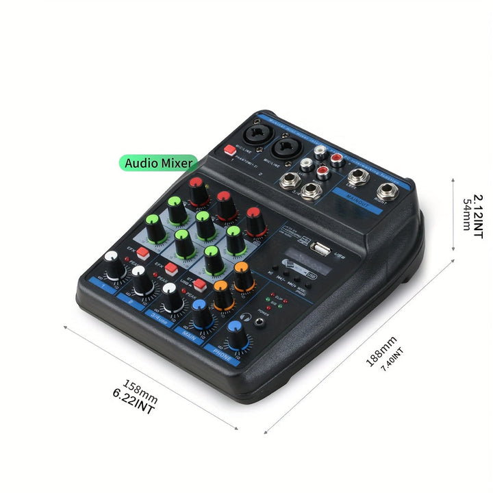 Mixer de audio portátil de 4 canales con interfaz USB - Consola de mezcla de sonido profesional mini DJ para producción de música en casa, karaoke y transmisión en vivo, mixer de audio para coche | Consola de mezcla compacta | Construcción duradera de pl
