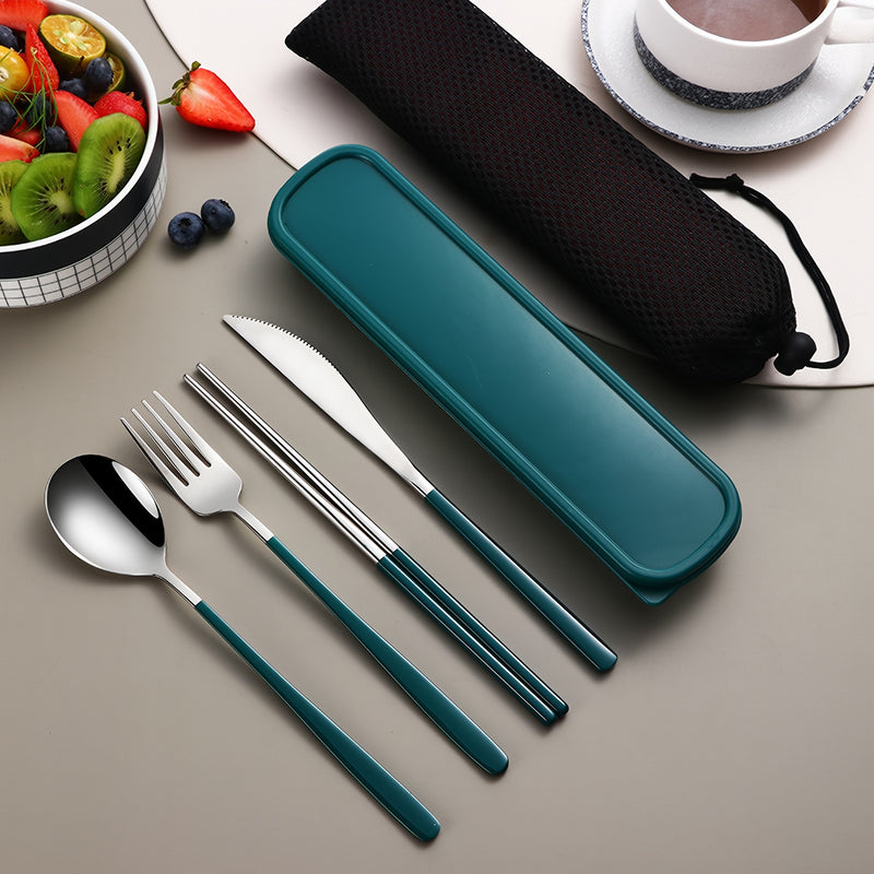 Juego de Cubiertos de Acero Inoxidable de 4 Piezas con Mango Redondo Brillante y Engrosado para Cuchillo de Cena, Palillos, Cucharas y Tenedores, Caja de Cubiertos Portátil para Estudiantes, Reuniones al Aire Libre y Picnics
