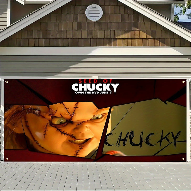 1 pieza - Cartel de puerta de garaje plano de personaje de película de terror clásica de otoño de Halloween 2D, con un patrón de espejo roto de Chucky para fiestas, adecuado para festivales, patio, paredes de fondo interior/exterior, decoración versátil