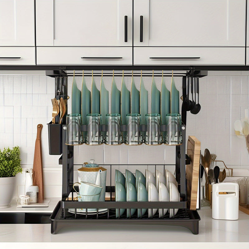 Escurridor de metal antioxido con diseño de doble capa + portavasos + organizador de utensilios + ranura para tabla de cortar — esencial ahorrador de espacio para cocinas pequeñas, estilo moderno en blanco y , adecuado para todas las estaciones