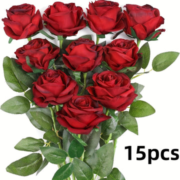15 rosas artificiales rojas de textura aterciopelada con tallo, perfectas para decoración en San Valentín, Día de la Madre y Navidad | Ideal para decorar hogar, oficina, bodas y fiestas | Regalo romántico sin pilas ni energía requerida | Arreglo floral e