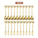 Juego de 20 Piezas de Tenedores y Cucharas Doradas en Acero Inoxidable con Forma de Hoja, Cubiertos para Postres Elegantes y Duraderos, Antióxido y Fáciles de Limpiar | Ideales para Mezclar Frutas, Aperitivos, Pasteles, Ensalada de Queso - Perfectos para
