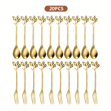 Juego de 20 Piezas de Tenedores y Cucharas Doradas en Acero Inoxidable con Forma de Hoja, Cubiertos para Postres Elegantes y Duraderos, Antióxido y Fáciles de Limpiar | Ideales para Mezclar Frutas, Aperitivos, Pasteles, Ensalada de Queso - Perfectos para