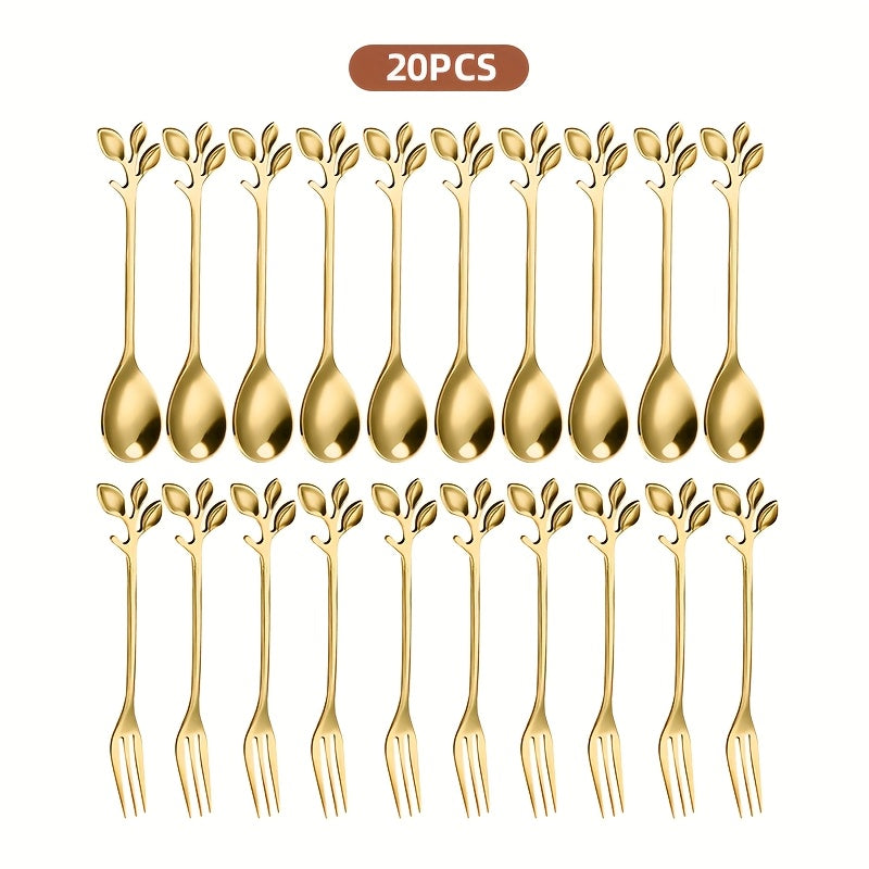 Juego de 20 Piezas de Tenedores y Cucharas Doradas en Acero Inoxidable con Forma de Hoja, Cubiertos para Postres Elegantes y Duraderos, Antióxido y Fáciles de Limpiar | Ideales para Mezclar Frutas, Aperitivos, Pasteles, Ensalada de Queso - Perfectos para