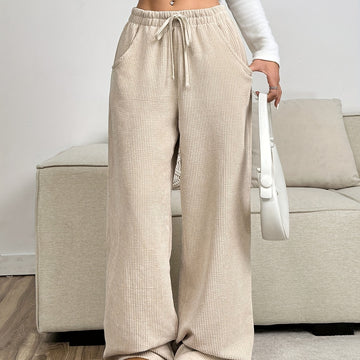 Botas Anchas de Pana Beis para Mujer - Pantalones Casuales con Cintura Elástica, 100% Poliéster Lavables en Máquina para Otoño/Invierno, Color Sólido Sin Estirar y Cómodos