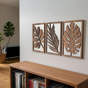 Juego de 3 esculturas de pared rústicas, arte de pared grande para decoración del hogar en sala de estar, dormitorio, oficina, fácil de instalar, patrón de hojas.