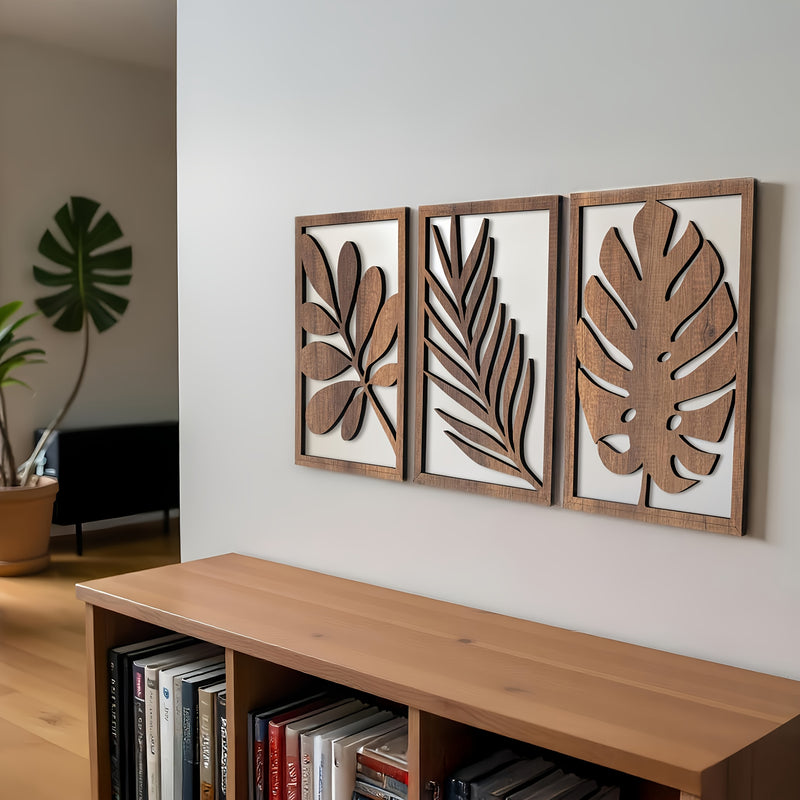 Juego de 3 esculturas de pared rústicas, arte de pared grande para decoración del hogar en sala de estar, dormitorio, oficina, fácil de instalar, patrón de hojas.